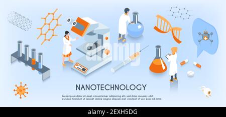 Colored isometric nanotechnology horizontal composition with scientist work in the laboratory vector illustration Stock Vector