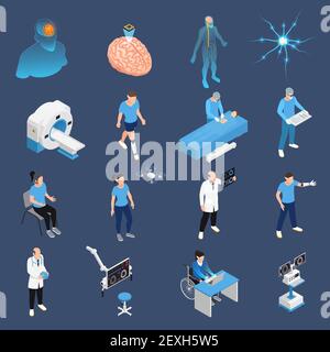Neurology and neural surgery icons set isometric isolated vector illustration Stock Vector