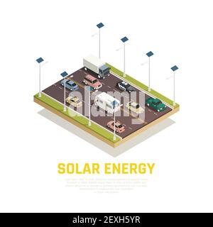 Solar energy concept with cars batteries and road isometric vector ...