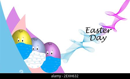 illustration with 3 easter eggs with facial expressions using medical face mask, with white background and colorful abstract lines and an easter day s Stock Photo