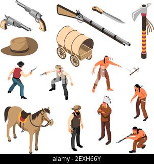 Wild west attributes of cowboys and native americans set of isometric icons isolated vector illustration Stock Vector