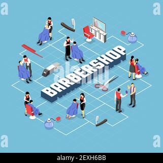 Barber shop stylists and customers professional accessories and interior elements isometric flowchart on blue background vector illustration Stock Vector