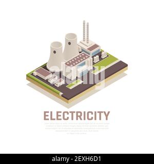 Electricity concept with plant building and industry symbols isometric vector illustration Stock Vector