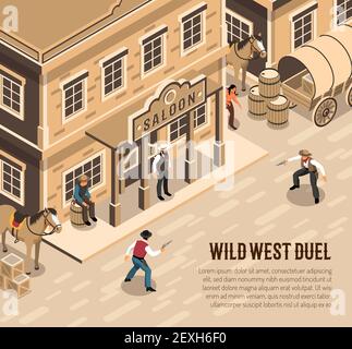 Wild west cowboys with pistols during duel sheriff near entrance of saloon isometric vector illustration Stock Vector