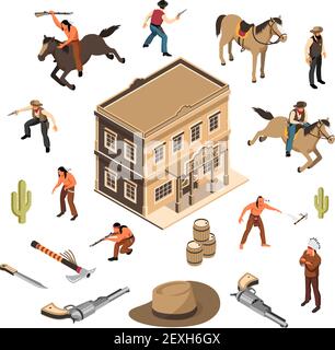 Wild west cowboys and native americans with weapon sheriff building of saloon isometric set isolated vector illustration Stock Vector