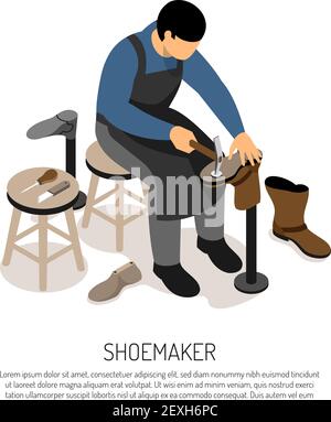 Shoe maker with professional tools at work shop isometric vector illustration Stock Vector