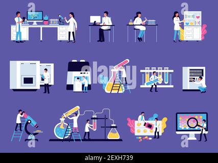 Laboratory set with isolated images of lab equipment furniture with colourful liquids and scientists human characters vector illustration Stock Vector