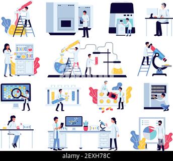 Pharmaceutic laboratory research chemistry scientists set with isolated compositions of human characters lab equipment and furniture vector illustrati Stock Vector