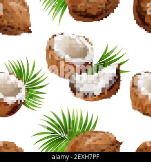 Whole and cut coconuts with palm frond leaves strewn on white background realistic seamless pattern vector illustration Stock Vector