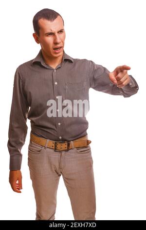 Curse of an angry man swears points finger, family relations qua Stock Photo