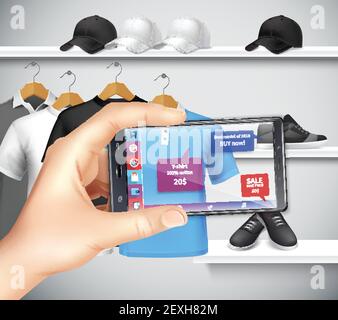 Shopping with virtual and augmented reality apps realistic composition with holding smartphone hand choosing sportswear vector illustration Stock Vector