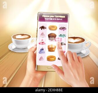 Smartphone virtual and augmented reality cooking application recognizing products suggesting recipes choosing toppings realistic composition vector il Stock Vector