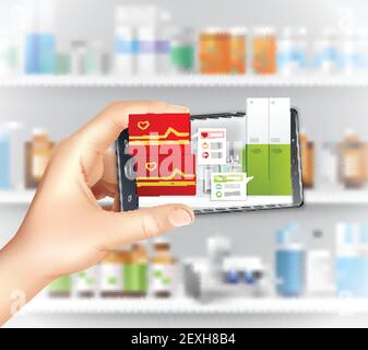 Virtual and augmented reality apps in medicine realistic composition with holding smartphone hand choosing medication vector illustration Stock Vector