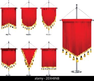 Satin red various shapes pennants with golden tassel fringe on steel spire pedestal realistic set vector illustration Stock Vector