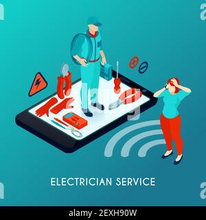 Electrician online service isometric composition with repairman in uniform with tools equipment on smartphone screen vector illustration Stock Vector