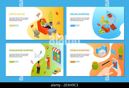 Online shopping horizontal banners with people making purchases on internet using computer and mobile phone isometric vector illustration Stock Vector