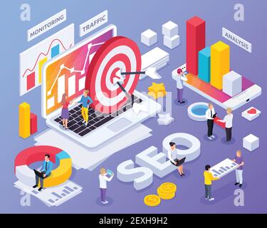 SEO isometric concept with monitoring and traffic symbols isolated vector illustration Stock Vector