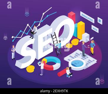 SEO analysis isometric composition with web optimization symbols vector illustration Stock Vector
