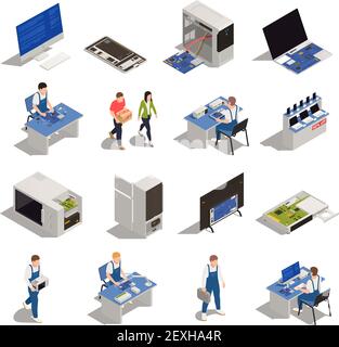 Warranty service isometric icons set of electronics and household appliances need of diagnostics or repair isolated vector illustration Stock Vector