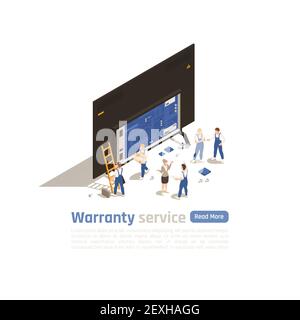 Warranty service isometric landing page with big icon of gadget stripped for parts and small figurines of technical specialists vector illustration Stock Vector