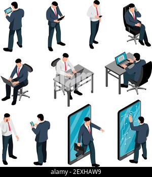 Men with device isometric set of male characters holding smartphones texting talking and working using laptop isolated vector illustration Stock Vector