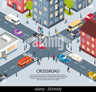 Isometric city intersection with traffic lights, pedestrians walking ...