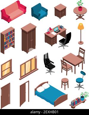 Private interior items isometric icons set with sofa table dresser chair desk floor lamp vector illustration Stock Vector