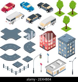 City constructor isometric set with road elements crossroad town buildings and cars isolated vector illustration Stock Vector