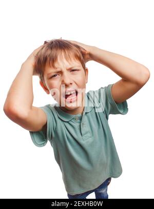Child upset angry boy shout produces evil face portrait isolated Stock Photo