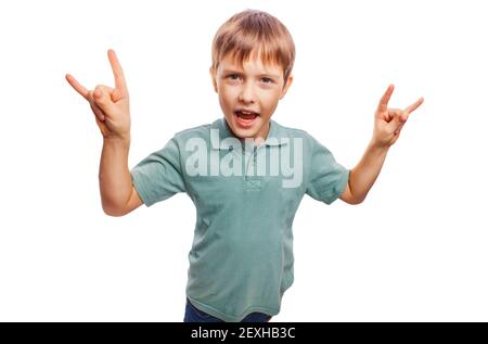 Teenager boy shows gesture hands metal rock devil isolated on wh Stock Photo