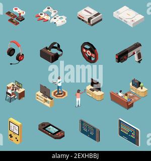 Set of sixteen isolated gaming gamers isometric icons with vintage consoles game accessories and modern gadgets vector illustration Stock Vector