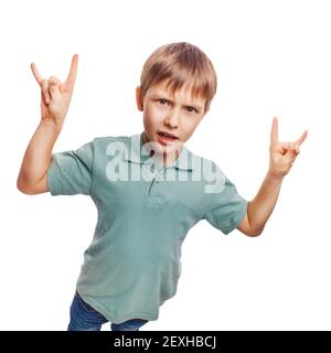 Boy teenager shows gesture hands metal rock devil isolated on wh Stock Photo