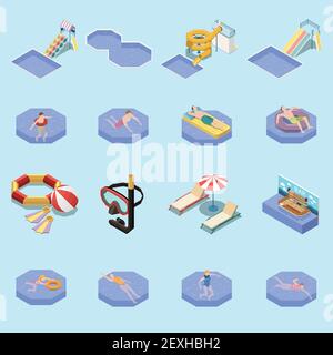 Water park aquapark isometric set with sixteen isolated images of swimming people waterslides and sun loungers vector illustration Stock Vector