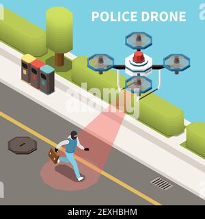 Drones quadrocopters isometric composition with outdoor view of police drone in pursuit of the criminal character vector illustration Stock Vector