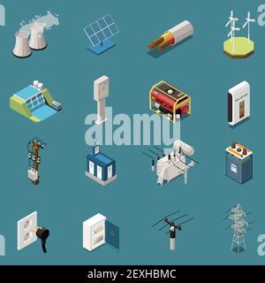 Set of sixteen isolated electricity isometric icons with images of various domestic and industrial electrical infrastructure elements vector illustrat Stock Vector