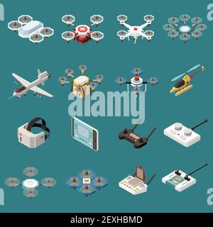 Drones quadrocopters isometric set of sixteen isolated objects with images of aircrafts and remote control units vector illustration Stock Vector
