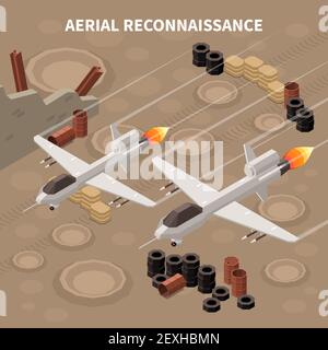 Drones quadrocopters isometric composition with images of flying military aircrafts performing reconnaissance and different ground objects vector illu Stock Vector