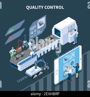 Smart industry intelligent manufacturing isometric composition with text and automatic assembly line operated remotely from tablet vector illustration Stock Vector