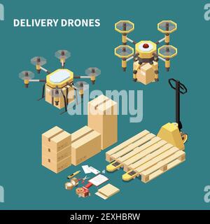 Drones quadrocopters isometric composition with images of flying ...