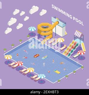 Water park aquapark isometric composition with view of open pool with umbrellas sun loungers and waterslides vector illustration Stock Vector