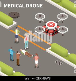 Drones quadrocopters isometric composition with text and people waiting for ambulance aircraft loaded with medicine box vector illustration Stock Vector