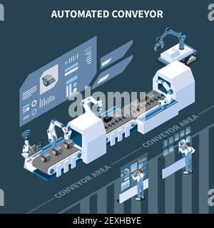 Smart industry intelligent manufacturing isometric composition with automated assembly line modern arm manipulators and holographic screens vector ill Stock Vector