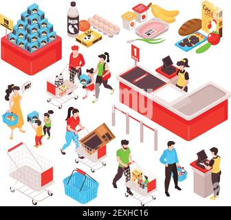 Supermarket isometric set with products offer promotion section trolley cart basket customers cashier white background vector illustration Stock Vector