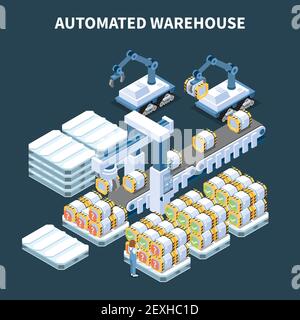 Smart industry intelligent manufacturing isometric composition with images of automated arm manipulators conveyor and storage cans vector illustration Stock Vector