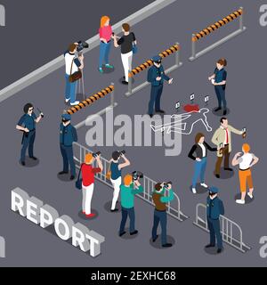 Photographer videographer isometric composition with roped-off area policemen and people near the scene of crime vector illustration Stock Vector