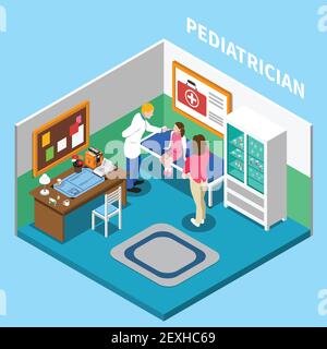 Hospital isometric interior composition with indoor view of pediatrician office in clinic with people and furniture vector illustration Stock Vector