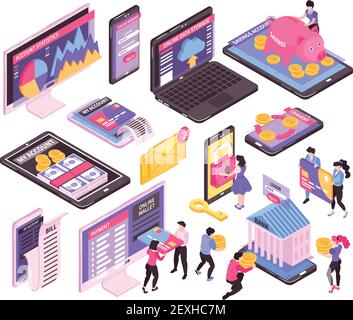 Isometric online mobile banking set of isolated images with electronic devices screens and financial infographic icons vector illustration Stock Vector