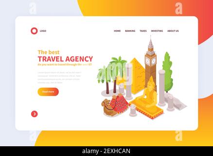 Online international travel agency concept home page isometric design with famous world landmarks attractions sightseeing  vector illustration Stock Vector
