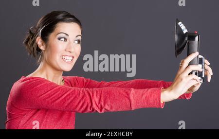 Self Portrait Attractive Excited Woman Takes Selfie Picture Portrait Stock Photo
