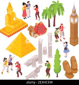 Isometric journey travel attractions set with isolated images of tourists and famous sightseeing places of interest vector illustration Stock Vector